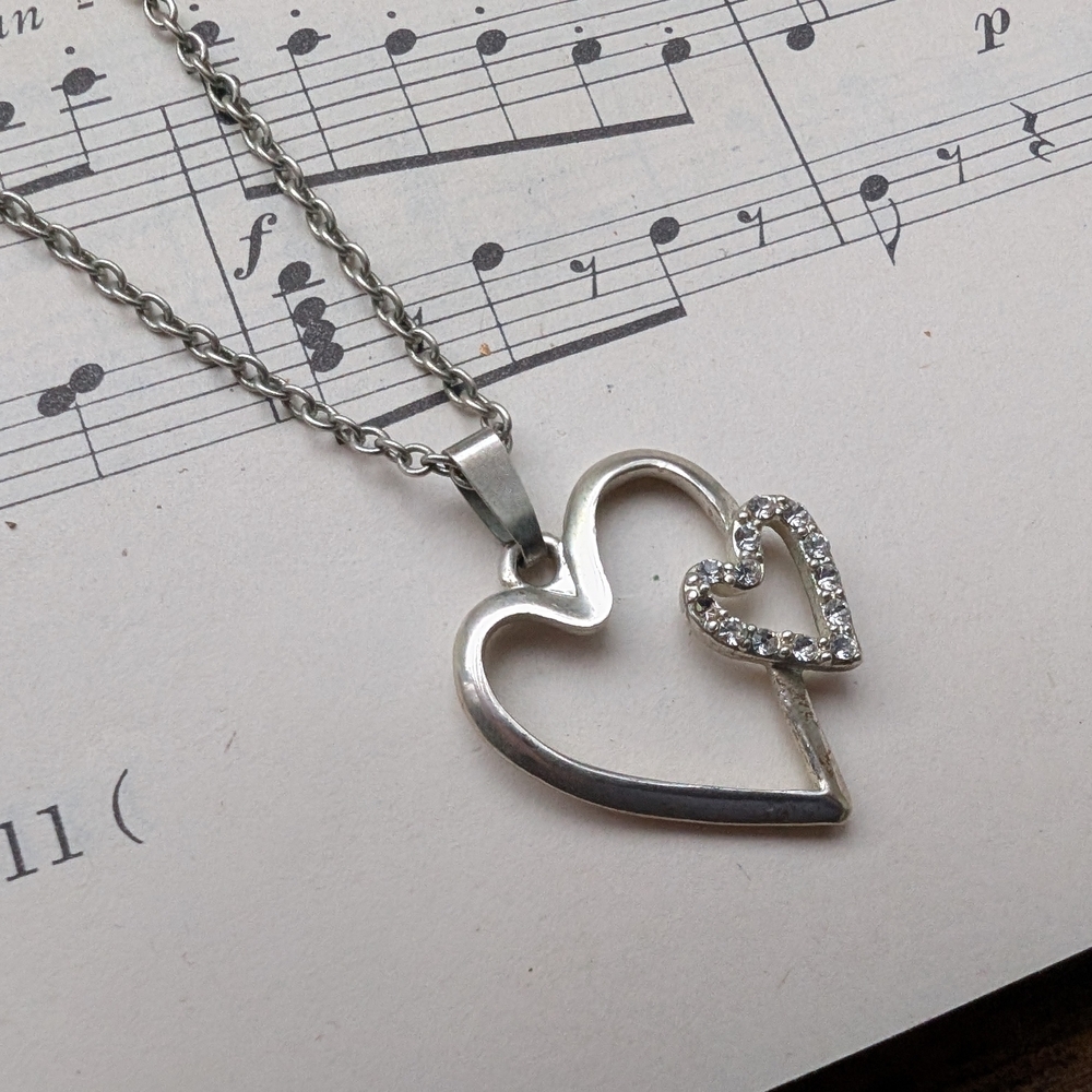 Silvertone Double Heart Pendant Necklace